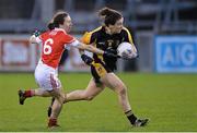 6 December 2015; Brid O'SullEvan, Mourneabbey, in action against Sharon Courtney,  Donaghmoyne. All-Ireland Ladies Senior Club Championship Final, Donaghmoyne v Mourneabbey. Parnell Park, Dublin. Picture credit: David Maher / SPORTSFILE