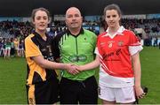 6 December 2015; , Donaghmoyne captain Eileen McElroy, right, shakes hands with Mourneabbey captain Roisin O'SullEvan with referee Colm McManus, before the start of the game. All-Ireland Ladies Senior Club Championship Final, Donaghmoyne v Mourneabbey. Parnell Park, Dublin. Picture credit: David Maher / SPORTSFILE