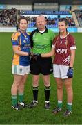6 December 2015; Anne Marie O'Gorman, left, Cahir, left, shakes hands with Kelly Boyce Jordon,  Milltown captain with referee Gerry Carmody. All-Ireland Ladies Intermediate Club Championship Final, Cahir v Milltown. Parnell Park, Dublin. Picture credit: David Maher / SPORTSFILE