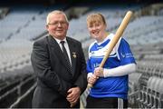 7 December 2015; Pictured at the launch of the 2016 Liberty Insurance GAA National Games Development Conference are Uachtarán, Cluiche Corr na hÉireann Joe O'Donoghue and Laois rounders player Danielle Keane. The conference, which takes place in Croke Park on January 22nd and 23rd, will focus on issues related to the Adult Player including a special forum on the progression of players from the minor and underage ranks through to the adult game. Croke Park, Dublin. Photo by Sportsfile
