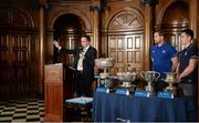 7 December 2015; MC Damien O'Mara announces the draws for the Vinnie Murray Cup alongside Leinster's Jamie Heaslip and Noel Reid during the Bank of Ireland Leinster Schools Cup Draws, House of Lords, College Green, Dublin. Picture credit: Cody Glenn / SPORTSFILE