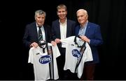 8 December 2015; Dundalk's 3 double winning managers, Jim McLaughlin, left, Stephen Kenny, and Turlough O'Connor, right, during the unveiling of the new club jersey. Town Hall, Dundalk, Co. Louth. Photo by Sportsfile