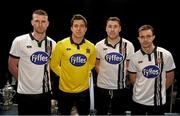 8 December 2015; Dundalk players, from left, Ciaran Kilduff, Gabriel Sava, Brian Gartland and Robbie Benson, during the unveiling of the new club jersey. Town Hall, Dundalk, Co. Louth. Photo by Sportsfile