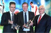9 December 2015; Republic of Ireland manager Martin O'Neill, left, and Northern Ireland manager Michael O'Neill, right, who were jointly presented with the Philips Manager of the Year Award by Cel O'Reilly, Managing Director, Philips Electronics Ireland. Philips Manager of the Year 2015, The Intercontinental Hotel, Simmonscourt Rd, Dublin. Picture credit: Ray McManus / SPORTSFILE