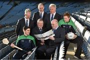 10 December 2015;  Leinster GAA Chairman John Horan, centre, with from left, Eanna Martin, Wexford Hurling, Pat Teehan, leinster GAA PRO, Jim Bolger, Leinster GAA Vice Chairman, Syl Merrins, Leinster Treasurer, Michael Reynolds, CEO Leinster, and Paul Cribbin, Kildare Football. At the Launch of the Leinster GAA Strategic Vision and Action Plan. Croke Park, Dublin. Picture credit: Matt Browne / SPORTSFILE