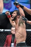 10 December 2015; Zubaira Tukhugov celebrates defeating Phillipe Nover in their featherweight bout. UFC Fight Night: VanZant v Namajunas, The Chelsea at The Cosmopolitan, Las Vegas, USA. Picture credit: Ramsey Cardy / SPORTSFILE