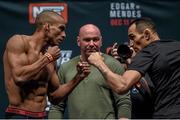 10 December 2015; Edson Barboza, left, faces off against Tony Ferguson ahead of their lightweight bout. The Ultimate Fighter Finale: Weigh-In, MGM Grand Garden Arena, Las Vegas, USA. Picture credit: Ramsey Cardy / SPORTSFILE