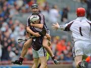 6 September 2009; Galway player Daithi Burke lifts team-mate Conor Burke in celebration as goalkeeper Fergal Flannery runs to join them at the final whistle. ESB GAA Hurling All-Ireland Minor Championship Final, Kilkenny v Galway, Croke Park, Dublin. Picture credit: Brian Lawless / SPORTSFILE