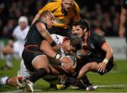 11 December 2015; Nick Williams, Ulster, goes over the line for his sides first try despite the tackle of Gael Fickou, Toulouse. European Rugby Champions Cup, Pool 1, Round 3, Ulster v Toulouse. Kingspan Stadium, Ravenhill Park, Belfast. Picture credit: Oliver McVeigh / SPORTSFILE