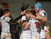 11 December 2015; Andrew Trimble, Ulster,scond right, celebrates with Louis Ludikl, Chris Henry, Paddy Jackson and Luke Marshall after scoring his sides second try. European Rugby Champions Cup, Pool 1, Round 3, Ulster v Toulouse. Kingspan Stadium, Ravenhill Park, Belfast. Picture credit: Oliver McVeigh / SPORTSFILE