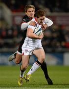 11 December 2015; Paddy Jackson, Ulster, is tackled by Toby Flood, Toulouse. European Rugby Champions Cup, Pool 1, Round 3, Ulster v Toulouse. Kingspan Stadium, Ravenhill Park, Belfast. Picture credit: Oliver McVeigh / SPORTSFILE
