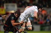 11 December 2015; Franco van der Merwe, Ulster, is tackled by Yoann Maestri, Toulouse. European Rugby Champions Cup, Pool 1, Round 3, Ulster v Toulouse. Kingspan Stadium, Ravenhill Park, Belfast. Picture credit: Oliver McVeigh / SPORTSFILE
