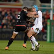 11 December 2015; Luke Marshall, Ulster, is tackled by Luke McAlister, Toulouse. European Rugby Champions Cup, Pool 1, Round 3, Ulster v Toulouse. Kingspan Stadium, Ravenhill Park, Belfast. Picture credit: Oliver McVeigh / SPORTSFILE