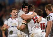 11 December 2015; Stuart McCloskey, right, Ulster, is congratulated by team-mate Franco van der Merwe after scoring his side's 4th try. European Rugby Champions Cup, Pool 1, Round 3, Ulster v Toulouse. Kingspan Stadium, Ravenhill Park, Belfast. Photo by Sportsfile