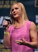 11 December 2015; UFC Women's Bantamweight Champion Holly Holm during a question and answer session. UFC 194: Q & A, MGM Grand Garden Arena, Las Vegas, USA. Picture credit: Ramsey Cardy / SPORTSFILE