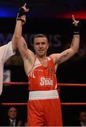 11 December 2015; David Oliver Joyce, St Michaels Boxing Club Athy, Co. Kildare, celebrates defeating Sean McComb, Holy Trinity Boxing Club, Belfast, Co. Antrim, in their 60kg bout. IABA Elite Boxing Championship Finals, National Stadium, Dubllin. Picture credit: Piaras Ó Mídheach / SPORTSFILE