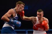 11 December 2015; David Oliver Joyce, St Michaels Boxing Club Athy, Co. Kildare, right, exchanges punches with Sean McComb, Holy Trinity Boxing Club, Belfast, Co. Antrim, during their 60kg bout. IABA Elite Boxing Championship Finals, National Stadium, Dubllin. Picture credit: Piaras Ó Mídheach / SPORTSFILE