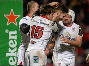 11 December 2015; Stuart McCloskey, Ulster, celebrates with Ruan Pienaar, Louis Ludik and Rory Best after scoring his sides fourth and bonus point try. European Rugby Champions Cup, Pool 1, Round 3, Ulster v Toulouse. Kingspan Stadium, Ravenhill Park, Belfast. Picture credit: Oliver McVeigh / SPORTSFILE