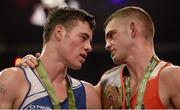 11 December 2015; Adam Nolan, St Fergals Bray, Co. Wicklow, right, in conversation with Martin Stokes, Holy Family Drogheda Boxing Club, Co. Louth, after their 69kg bout. IABA Elite Boxing Championship Finals, National Stadium, Dubllin. Picture credit: Piaras Ó Mídheach / SPORTSFILE