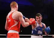 11 December 2015; John Paul Delaney, Emerald Boxing Club, Belfast, Co. Antrim, right, exchanges punches with Christopher Blaney, Navan Boxing Club, Co. Meath, in their 81kg bout. IABA Elite Boxing Championship Finals, National Stadium, Dubllin. Picture credit: Piaras Ó Mídheach / SPORTSFILE