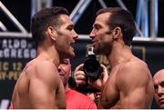 11 December 2015; Chris Weidman, left, faces off against Luke Rockhold ahead of their middleweight bout. UFC 194: Weigh-In, MGM Grand Garden Arena, Las Vegas, USA. Picture credit: Ramsey Cardy / SPORTSFILE