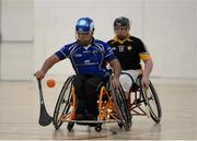 12 December 2015;Sultan Karkar, Munster,  in action against  Peter Lewis, Ulster, during the final at the M. Donnelly GAA Wheelchair Hurling Interprovincial All-Star Awards & All-Ireland Finals. I.T. Blanchardstown, Blanchardstown, Dublin 15. Picture credit: Oliver McVeigh / SPORTSFILE