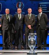 12 December 2015; Northern Ireland manager Michael O'Neill, centre right, with group C managers, from left, Mykhallo Formenko, Ukraine manager, Adam Nawalka, Poland manager, and Joachim Low, Germany manager, during the UEFA EURO Final Tournament Draw. Le Palais des Congrès de Paris, Paris, France.  Picture credit: David Maher / SPORTSFILE