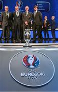 12 December 2015; Northern Ireland manager Michael O'Neill, centre right, with group C managers, from left, Mykhallo Formenko, Ukraine, Adam Nawalka, Poland, and Joachim Low, Germany, during the UEFA EURO Final Tournament Draw. Le Palais des Congrès de Paris, Paris, France.  Picture credit: David Maher / SPORTSFILE