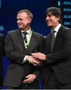 2 December 2015; Northern Ireland manager Michael O'Neill, left, shakes hands with Joachim Low, Germany manager, after the UEFA EURO Final Tournament Draw. Le Palais des Congrès de Paris, Paris, France. Picture credit: David Maher / SPORTSFILE