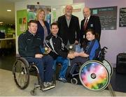 12 December 2015;  Pat Carty, left, Connacht/Sligo, and Ellie Sheehy, right, Munster/Limerick, presented with their Backs All-Star awards by Niall Corcoran, Dublin Hurler, also pictured are Mary Meaney, President, I.T.Blanchardstown, Martin Donnelly, Sponsor, and Brian Armitage, Chairperson GAA Games for ALL Committee, during the M. Donnelly GAA Wheelchair Hurling Interprovincial All-Star Awards & All-Ireland Finals. I.T. Blanchardstown, Blanchardstown, Dublin 15. Picture credit: Oliver McVeigh / SPORTSFILE