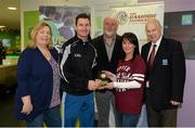 12 December 2015; Bronagh McGrotty, second right, representing Geraldine McGarrigle, Ulster/Tyrone, is presented with the All-Star award for goalkeeper by Niall Corcoran, Dublin Hurler, also pictured are Mary Meaney, President, I.T.Blanchardstown, Martin Donnelly, Sponsor, and Brian Armitage, Chairperson GAA Games for ALL Committee, during the M. Donnelly GAA Wheelchair Hurling Interprovincial All-Star Awards & All-Ireland Finals. I.T. Blanchardstown, Blanchardstown, Dublin 15. Picture credit: Oliver McVeigh / SPORTSFILE
