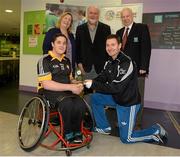 12 December 2015; Peter Lewis, right, Ulster/Antrim,  presented with his All-Star award for midfield by Niall Corcoran, Dublin Hurler, also pictured are Mary Meaney, President, I.T.Blanchardstown, Martin Donnelly, Sponsor, and Brian Armitage, Chairperson GAA Games for ALL Committee, during the M. Donnelly GAA Wheelchair Hurling Interprovincial All-Star Awards & All-Ireland Finals. I.T. Blanchardstown, Blanchardstown, Dublin 15. Picture credit: Oliver McVeigh / SPORTSFILE