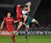 12 December 2015; Andrew Conway, Munster, contests a high ball with Ed Slater, Leicester Tigers. European Rugby Champions Cup, Pool 4, Round 3, Munster v Leicester Tigers. Thomond Park, Limerick. Picture credit: Diarmuid Greene / SPORTSFILE