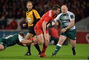 12 December 2015; Denis Hurley, Munster, is tackled by, Tom Youngs, Leicester Tigers. European Rugby Champions Cup, Pool 4, Round 3, Munster v Leicester Tigers. Thomond Park, Limerick. Picture credit: Matt Browne / SPORTSFILE