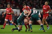 12 Decembe r2015; Ian Keatley, Munster, is tackled by Tom Youngs, left, and Dan Cole, Leicester Tigers. European Rugby Champions Cup, Pool 4, Round 3, Munster v Leicester Tigers. Thomond Park, Limerick. Picture credit: Diarmuid Greene / SPORTSFILE