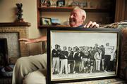 8 September 2009; Christy O'Connor Snr holds a photograph featuring himself on the tee box as golf greats Seve Ballesteros, Bernhard Langer, and Lee Trevino, look on, during the 1985 Irish Open at Royal Dublin. The photograph is one of the items of memorabilia which were being collected for the World Golf Hall of Fame Museum. O'Connor will be inducted into the World Golf Hall of Fame during the 2009 Induction Ceremony in St. Augustine, Florida, on Monday November 2nd, having been selected for the honour in the Veterans Category. Clontarf, Dublin. Picture credit: Brian Lawless / SPORTSFILE
