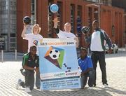 10 September 2009; Athlete Caitriona McKiernan and Gary Cooke, Apres Match, with eircom League of Ireland players, Emeka Onwubiko, Bray Wanderers, left, Oscar Sibanda, Drogheda United, centre, and Victor Ekanem, Shamrock Rovers, right, at the launch of the SARI Soccerfest meets Concern KiteFest Festival. Smithfield Square, Smithfield, Dublin. Picture Credit: Pat Murphy / SPORTSFILE