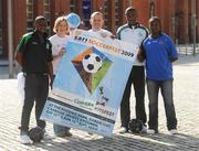 10 September 2009; Athlete Caitriona McKiernan and Gary Cooke, Apres Match, with eircom League of Ireland players, Emeka Onwubiko, Bray Wanderers, left, Oscar Sibanda, Drogheda United, centre, and Victor Ekanem, Shamrock Rovers, right, at the launch of the SARI Soccerfest meets Concern KiteFest Festival. Smithfield Square, Smithfield, Dublin. Picture Credit: Pat Murphy / SPORTSFILE