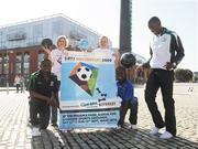 10 September 2009; Athlete Caitriona McKiernan and Gary Cooke, Apres Match, with eircom League of Ireland players, Emeka Onwubiko, Bray Wanderers, left, Oscar Sibanda, Drogheda United, centre, and Victor Ekanem, Shamrock Rovers, right, at the launch of the SARI Soccerfest meets Concern KiteFest Festival. Smithfield Square, Smithfield, Dublin. Picture Credit: Pat Murphy / SPORTSFILE