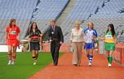 8 September 2009; President of the Camogie association Joan O'Flynn and Gary Desmond, CEO of Gala, with senior captains Ann Dalton, Kilkenny, and Cork captain Amanda O'Regan, left, with the O'Duffy cup and Junior players Aine Lyng, Waterford, and Offaly captain Marion Crean with the New Ireland Junior Cup, right, at a photocall ahead of the Gala All-Ireland Camogie Championship. Croke Park, Dublin. Picture credit: Pat Murphy / SPORTSFILE