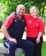 10 September 2009; Munster star John Hayes with Special Olympics athlete Claire O'Connor at the launch of the 2010 Special Olympics Ireland Games. The Games will take place in Limerick from 9-13th June. Nineteen hundred athletes will participate in 4 days of sporting competition in venues throughout Limerick. The Games will be supported by a team of 3,500 volunteers who will be recruited over the coming months. Concert Hall, Limerick University, Limerick. Picture Credit: Kieran Clancy / SPORTSFILE