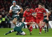 12 December 2015; James Cronin, Munster, is tackled by, Telusa Veainu, Leicester Tigers. European Rugby Champions Cup, Pool 4, Round 3, Munster v Leicester Tigers. Thomond Park, Limerick. Picture credit: Diarmuid Greene / SPORTSFILE