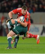 12 December 2015; Robin Copeland, Munster, is tackled by Brendon O'Connor, Leicester Tigers. European Rugby Champions Cup, Pool 4, Round 3, Munster v Leicester Tigers. Thomond Park, Limerick. Picture credit: Matt Browne / SPORTSFILE