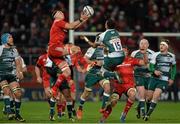 12 December 2015; Robin Copeland, Munster, contests a high ball with Telusa Veainu, Leicester Tigers. European Rugby Champions Cup, Pool 4, Round 3, Munster v Leicester Tigers. Thomond Park, Limerick. Picture credit: Matt Browne / SPORTSFILE