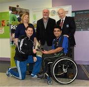 12 December 2015; Sultan Kakar, Munster/Limerick, presented with league top scorer award by Niall Corcoran, Dublin Hurler, also pictured are Mary Meaney, President, I.T.Blanchardstown, Martin Donnelly, Sponsor, and Brian Armitage, Chairperson GAA Games for ALL Committee, during the M. Donnelly GAA Wheelchair Hurling Interprovincial All-Star Awards & All-Ireland Finals. I.T. Blanchardstown, Blanchardstown, Dublin 15. Picture credit: Oliver McVeigh / SPORTSFILE