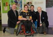 12 December 2015; Peter Lewis, Ulster/Antrim, presented with his Hurler of the year award by Niall Corcoran, Dublin Hurler, also pictured are Martin Donnelly, Sponsor, and Brian Armitage, Chairperson GAA Games for ALL Committee, during the M. Donnelly GAA Wheelchair Hurling Interprovincial All-Star Awards & All-Ireland Finals. I.T. Blanchardstown, Blanchardstown, Dublin 15. Picture credit: Oliver McVeigh / SPORTSFILE