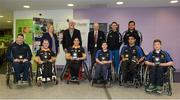 12 December 2015; Awards winners, from left, Pat Carty, Connacht/Sligo, Conor McGrotty, Ulster/Derry, Peter Lewis, Ulster/Antrim, Ellie Sheehy, Munster/Limerick, Sultan Kakar, Munster/Limerick, and Maurice Noonan, Munster/Limerick, along with, back row, from left, Mary Meaney, President, I.T.Blanchardstown, Martin Donnelly, Sponsor, Brian Armitage, Chairperson GAA Games for ALL Committee, Niall Corcoran, Dublin Hurler, and Tony Watene, GAA Games for ALL, during the M. Donnelly GAA Wheelchair Hurling Interprovincial All-Star Awards & All-Ireland Finals. I.T. Blanchardstown, Blanchardstown, Dublin 15. Picture credit: Oliver McVeigh / SPORTSFILE