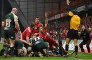 12 December 2015; Munster's Conor Murray celebrates as referee Romain Poite awards the try to his team-mate James Cronin, hidden. European Rugby Champions Cup, Pool 4, Round 3, Munster v Leicester Tigers. Thomond Park, Limerick. Picture credit: Matt Browne / SPORTSFILE