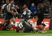 12 December 2015; Mike Sherry, Munster, goes over to score his side's second try despite the efforts of Graham Kitchener, Leicester Tigers. European Rugby Champions Cup, Pool 4, Round 3, Munster v Leicester Tigers. Thomond Park, Limerick. Picture credit: Diarmuid Greene / SPORTSFILE