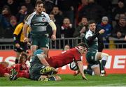 12 December2015; Mike Sherry, Munster, goes over to score his side's second try despite the efforts of Graham Kitchener, Leicester Tigers. European Rugby Champions Cup, Pool 4, Round 3, Munster v Leicester Tigers. Thomond Park, Limerick. Picture credit: Diarmuid Greene / SPORTSFILE